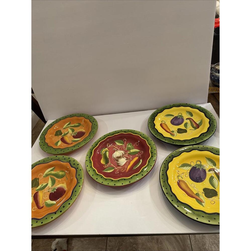 5 Gates Ware By Laurie Gates 9 3/4” Dinner Plates Fruits Vegetables Dots